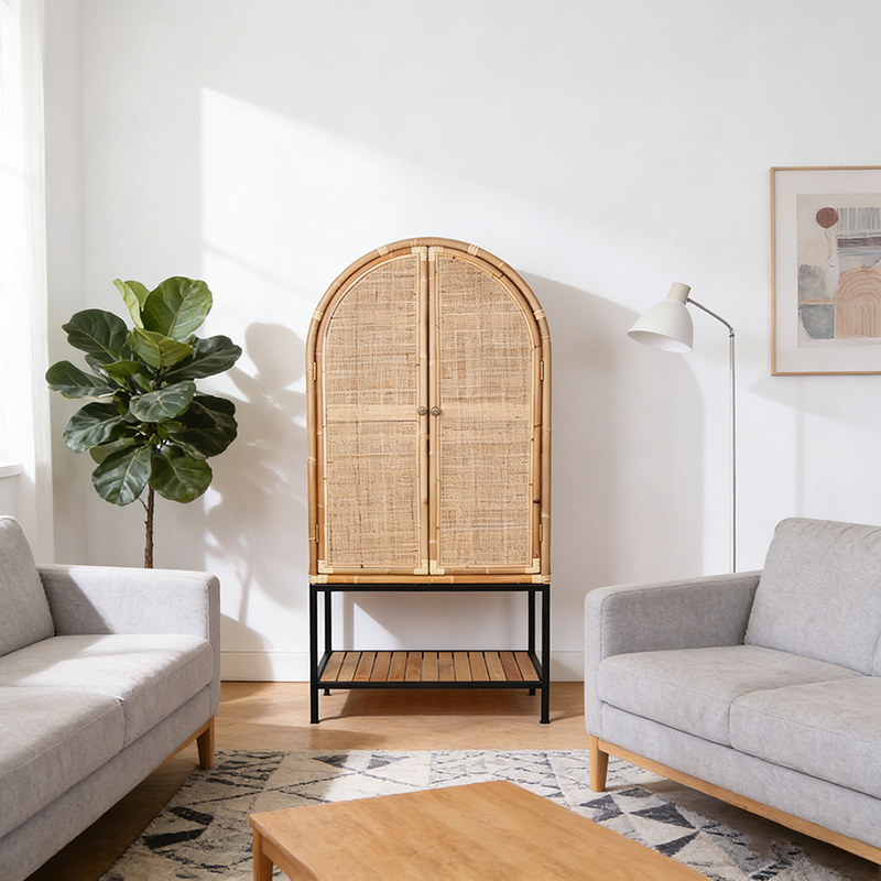 Contemporary Boho Handwoven Indonesian Rattan Solid Wood Iron Storage Cabinet - Arched Cabinet With Breathable Woven For Living Room Cuvalon