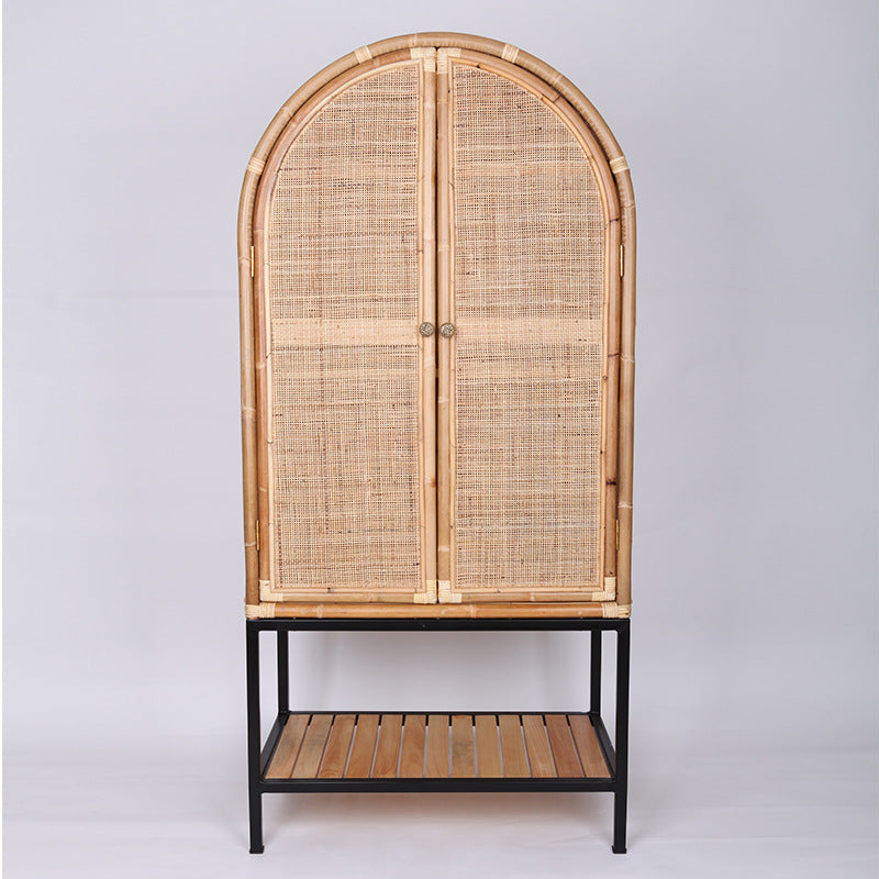Contemporary Boho Handwoven Indonesian Rattan Solid Wood Iron Storage Cabinet - Arched Cabinet With Breathable Woven For Living Room Cuvalon