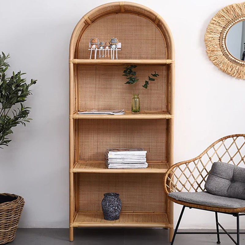 Contemporary Boho Handwoven Indonesian Rattan Solid Wood Storage Shelf - Arched Open 4-Tier Display Cabinet For Living Room Cuvalon