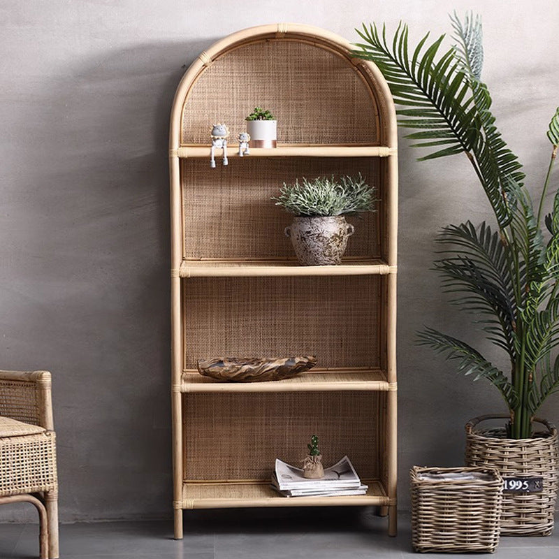 Contemporary Boho Handwoven Indonesian Rattan Solid Wood Storage Shelf - Arched Open 4-Tier Display Cabinet For Living Room Cuvalon