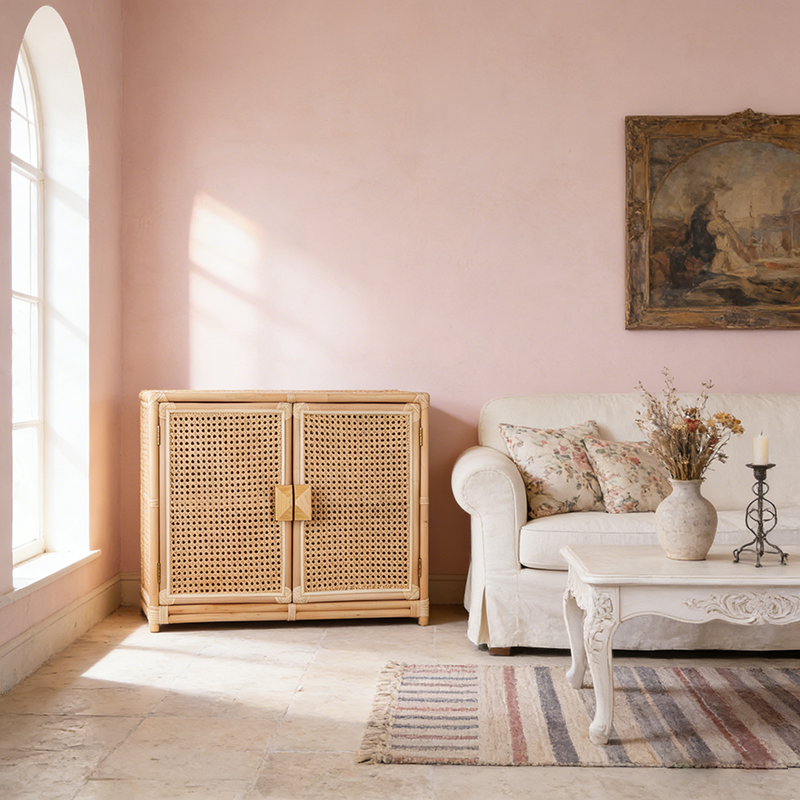 Contemporary Boho Natural Rattan Wooden Storage Cabinet - Rectangular Handwoven Indonesian Rattan Storage Unit For Living Room Cuvalon