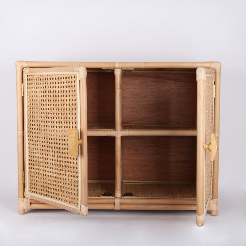 Contemporary Boho Natural Rattan Wooden Storage Cabinet - Rectangular Handwoven Indonesian Rattan Storage Unit For Living Room Cuvalon