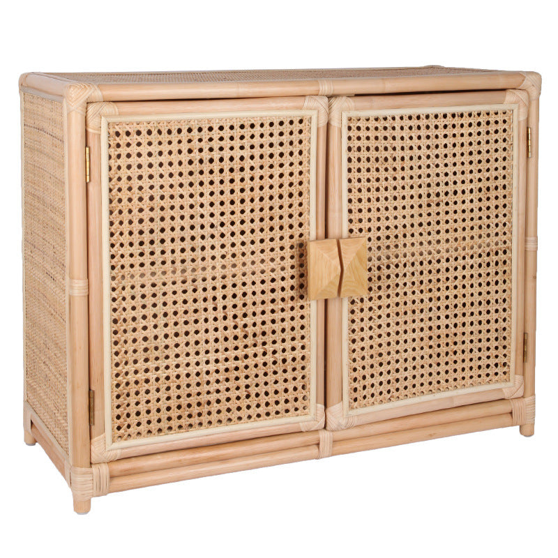 Contemporary Boho Natural Rattan Wooden Storage Cabinet - Rectangular Handwoven Indonesian Rattan Storage Unit For Living Room Cuvalon