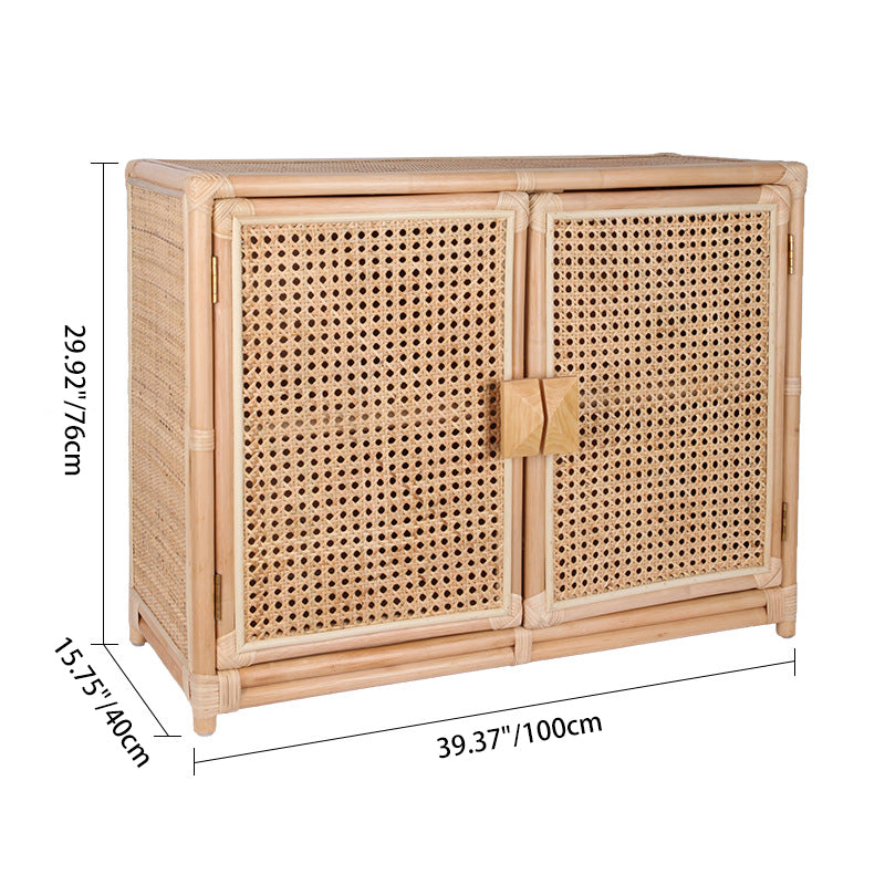 Contemporary Boho Natural Rattan Wooden Storage Cabinet - Rectangular Handwoven Indonesian Rattan Storage Unit For Living Room Cuvalon