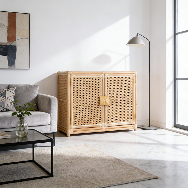 Contemporary Boho Natural Rattan Wooden Storage Cabinet - Rectangular Handwoven Indonesian Rattan Storage Unit For Living Room Cuvalon