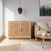 Contemporary Boho Natural Rattan Wooden Storage Cabinet - Rectangular Handwoven Indonesian Rattan Storage Unit For Living Room Cuvalon