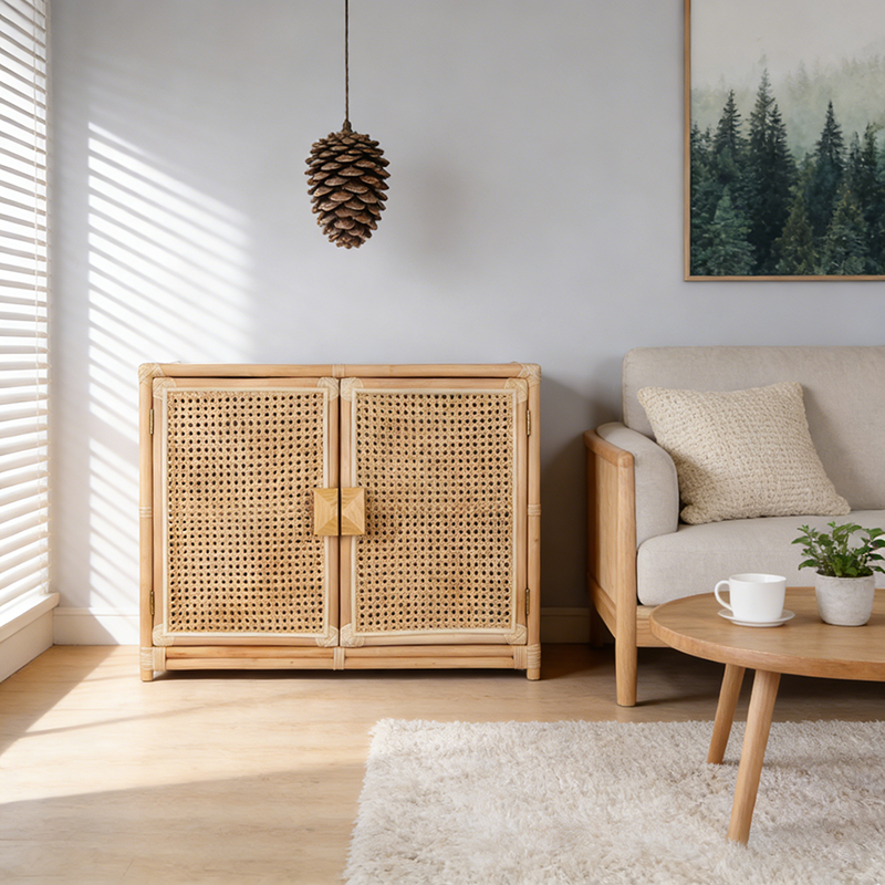 Contemporary Boho Natural Rattan Wooden Storage Cabinet - Rectangular Handwoven Indonesian Rattan Storage Unit For Living Room Cuvalon