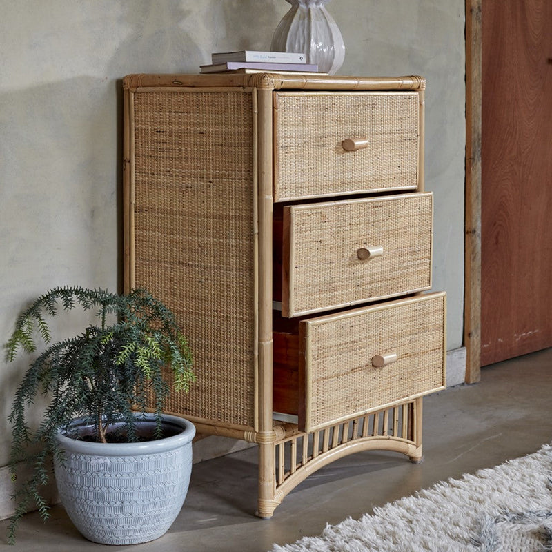 Contemporary Boho Natural Rattan Wooden Storage Cabinet - Rectangular 3-Drawer Handwoven Indonesian Rattan Storage Unit For Living Room Cuvalon