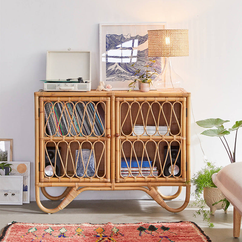 Contemporary Coastal Natural Rattan Handwoven Indonesian Rattan Storage Cabinet - Rectangular Curved Legs Cabinet For Living Room Cuvalon