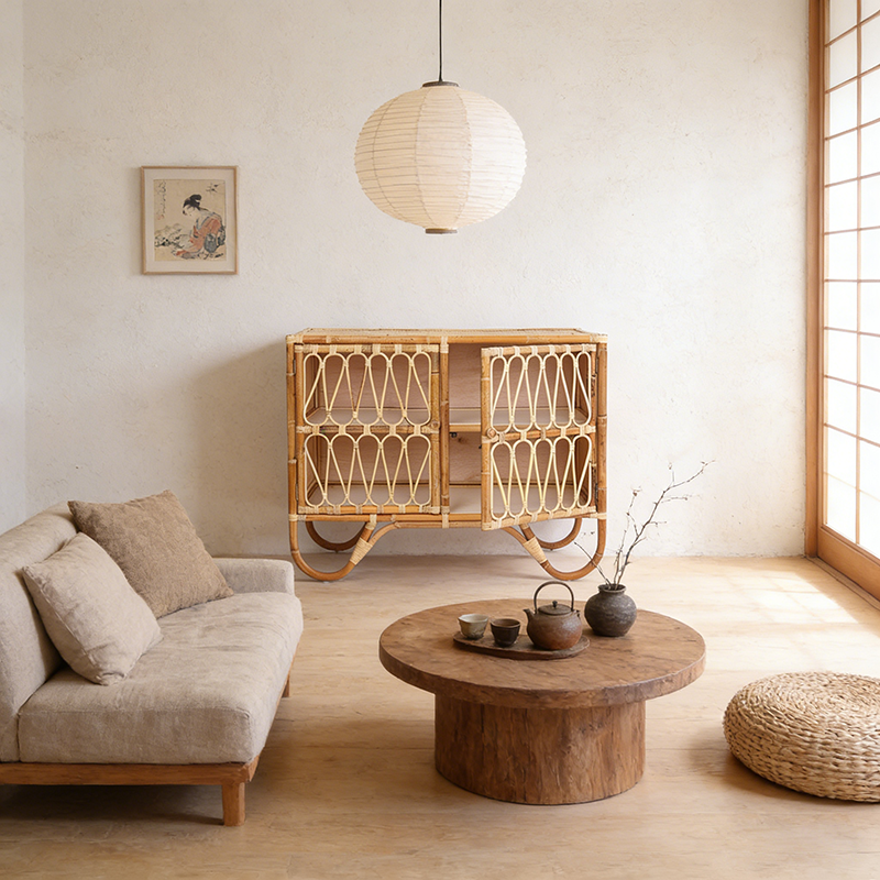 Contemporary Coastal Natural Rattan Handwoven Indonesian Rattan Storage Cabinet - Rectangular Curved Legs Cabinet For Living Room Cuvalon