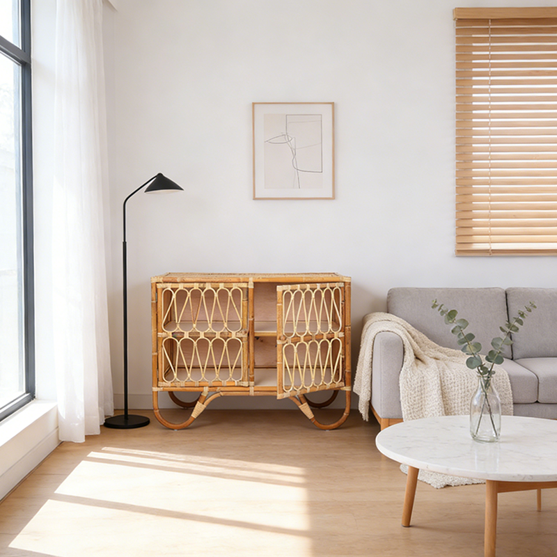 Contemporary Coastal Natural Rattan Handwoven Indonesian Rattan Storage Cabinet - Rectangular Curved Legs Cabinet For Living Room Cuvalon