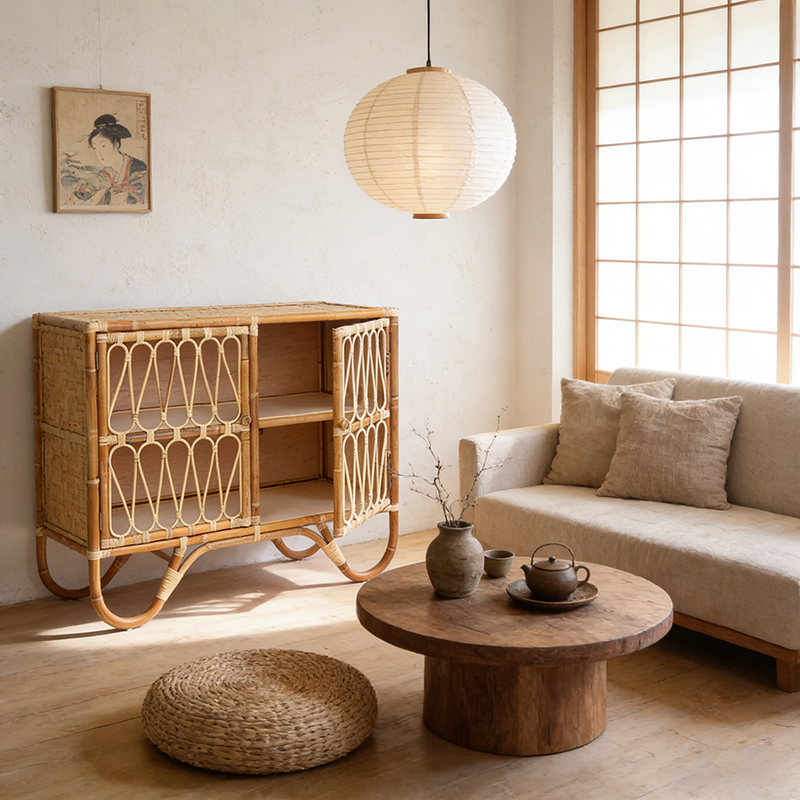 Contemporary Coastal Natural Rattan Handwoven Indonesian Rattan Storage Cabinet - Rectangular Curved Legs Cabinet For Living Room Cuvalon
