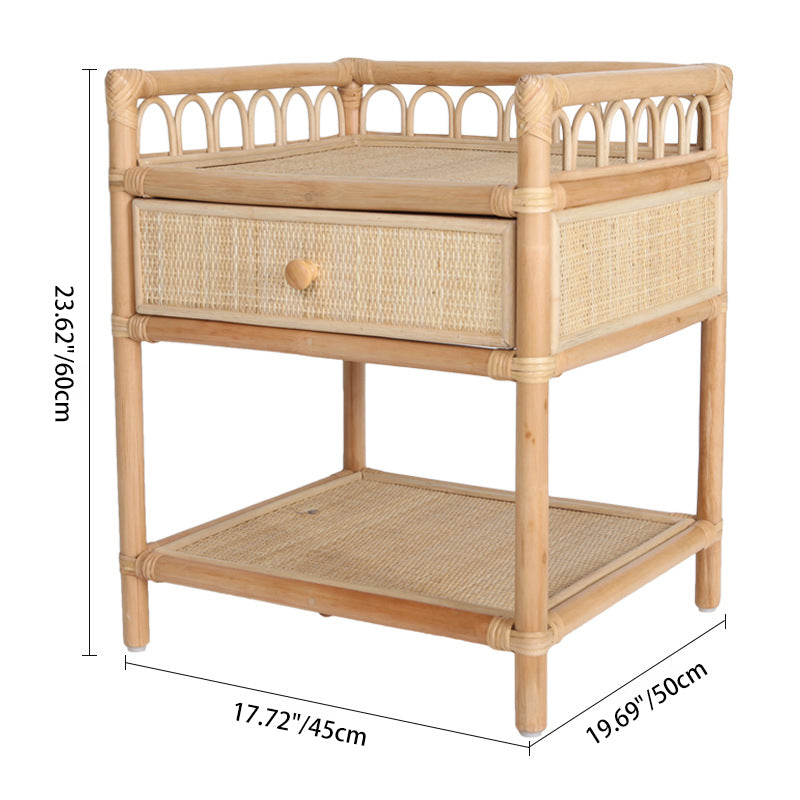 Contemporary Coastal Natural Rattan Handwoven Indonesian Rattan Nightstand - Rectangular Curved Drawer & Open Shelf For Bedroom Cuvalon
