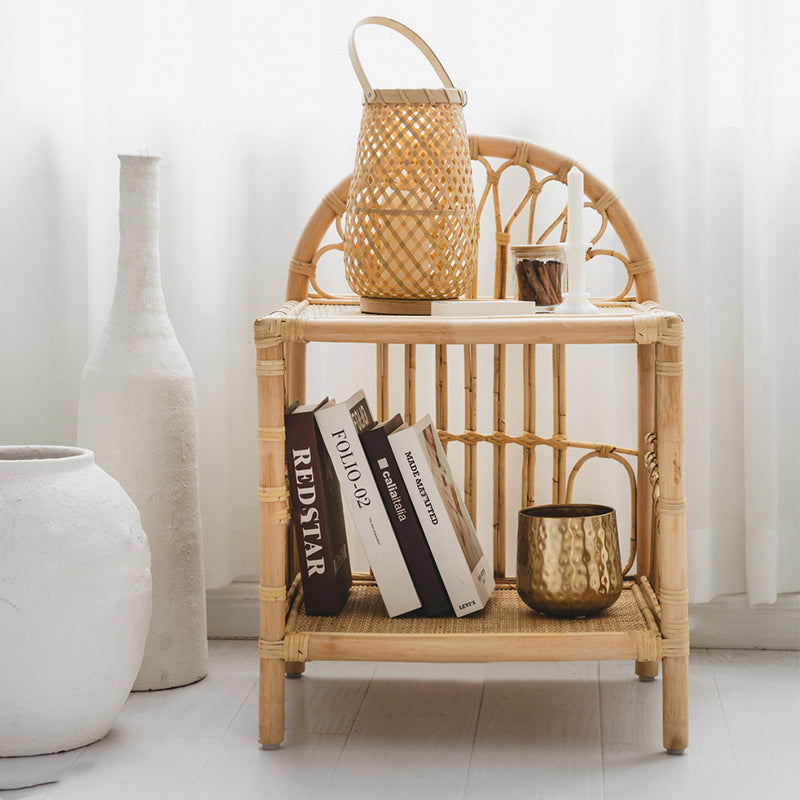 Contemporary Coastal Natural Rattan Handwoven Indonesian Rattan Side Table - Curved With V-Pattern Weave End Table For Living Room Cuvalon