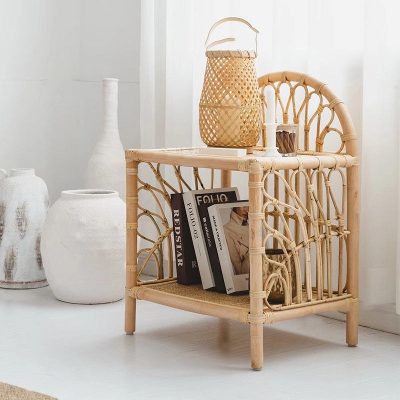 Contemporary Coastal Natural Rattan Handwoven Indonesian Rattan Side Table - Curved With V-Pattern Weave End Table For Living Room Cuvalon