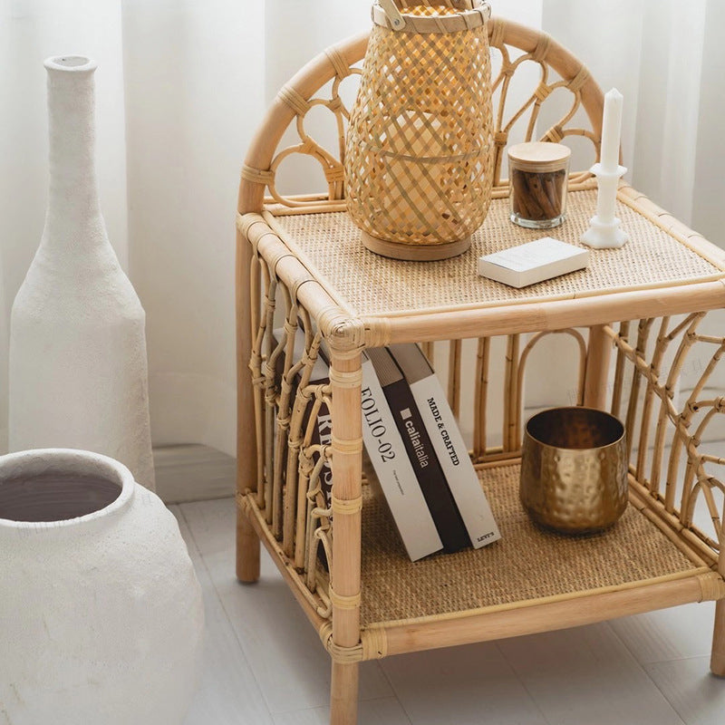 Contemporary Coastal Natural Rattan Handwoven Indonesian Rattan Side Table - Curved With V-Pattern Weave End Table For Living Room Cuvalon