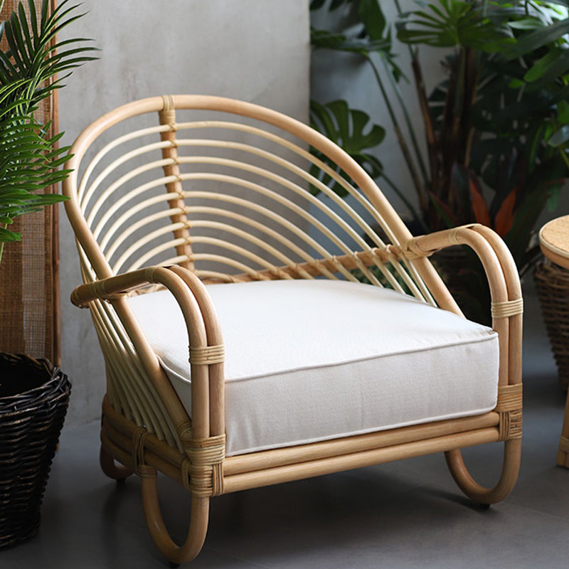 Contemporary Boho Natural Rattan Accent Chair - Curved Handwoven Indonesian Rattan Armchair With Waterproof Fabric Cushion For Living Room Cuvalon