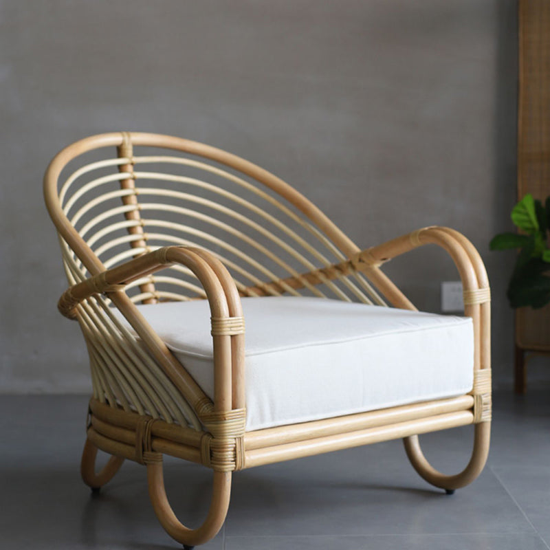 Contemporary Boho Natural Rattan Accent Chair - Curved Handwoven Indonesian Rattan Armchair With Waterproof Fabric Cushion For Living Room Cuvalon