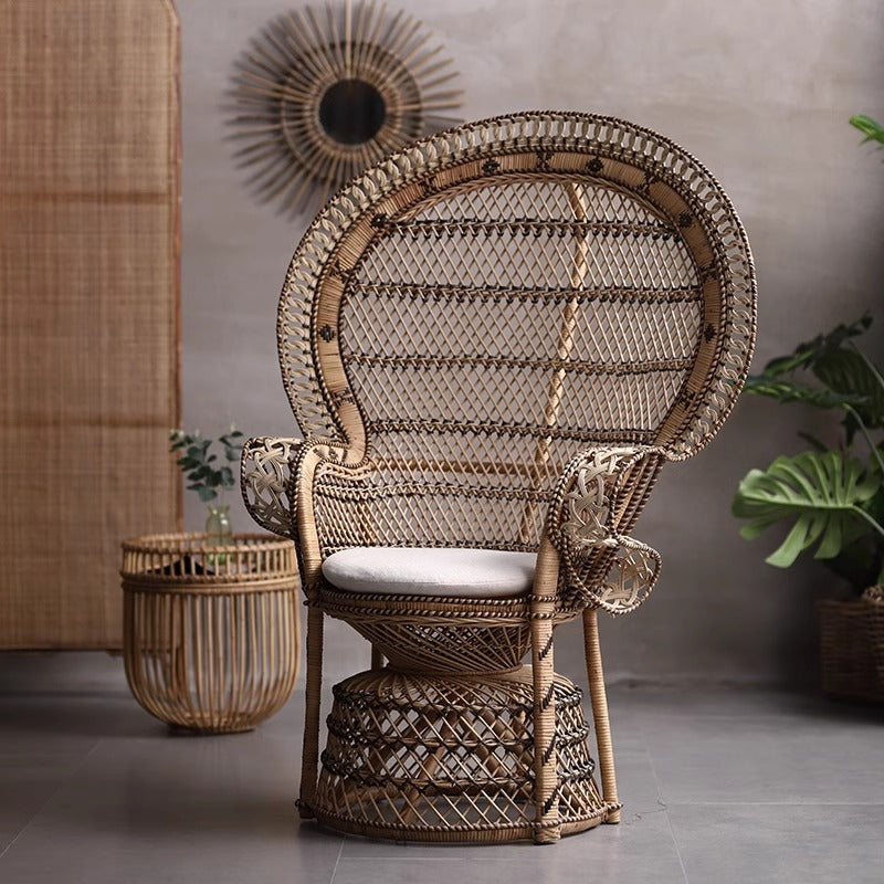 Contemporary Boho Handwoven Indonesian Rattan Accent Chair - High Back Peacock Rattan Lounge Chair With Waterproof Fabric Cushion For Living Room Cuvalon