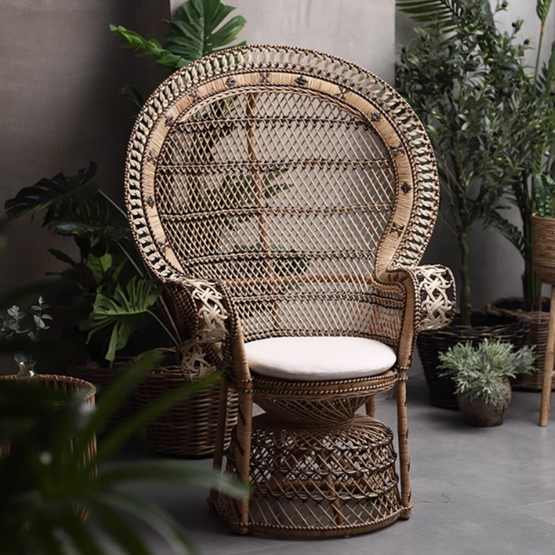 Contemporary Boho Handwoven Indonesian Rattan Accent Chair - High Back Peacock Rattan Lounge Chair With Waterproof Fabric Cushion For Living Room Cuvalon