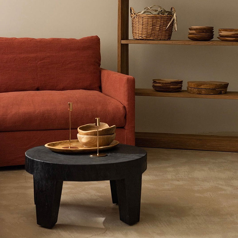 Traditional Rustic Solid Wood Round Coffee Table - Handcrafted Low Profile Sculptural Table For Living Room Cuvalon