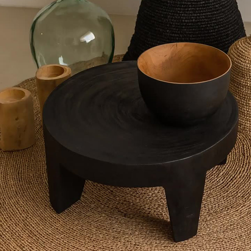 Traditional Rustic Solid Wood Round Coffee Table - Handcrafted Low Profile Sculptural Table For Living Room Cuvalon