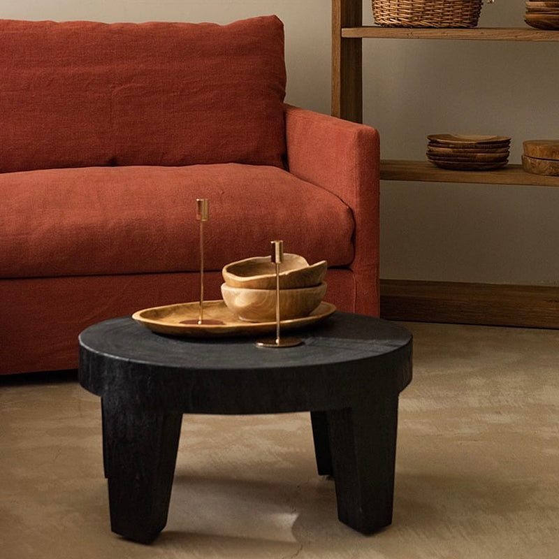 Traditional Rustic Solid Wood Round Coffee Table - Handcrafted Low Profile Sculptural Table For Living Room Cuvalon
