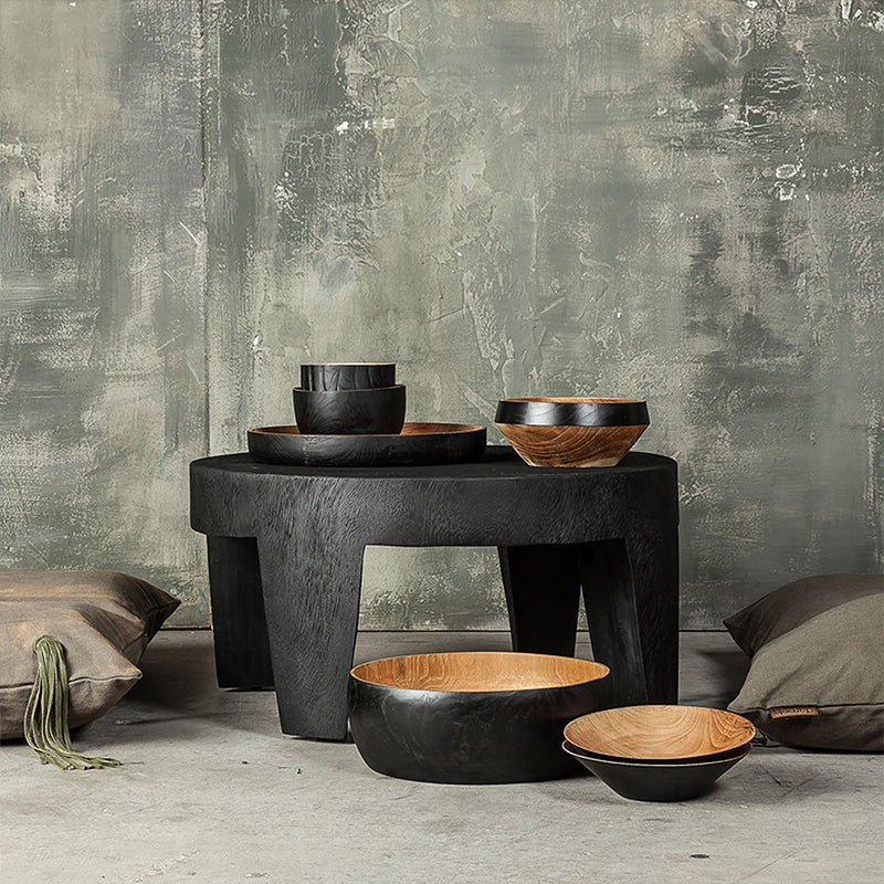 Traditional Rustic Solid Wood Round Coffee Table - Handcrafted Low Profile Sculptural Table For Living Room Cuvalon