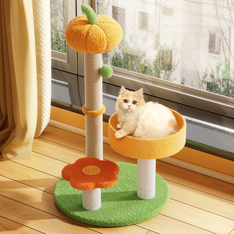 Contemporary Creative Cylindrical Pumpkin Bee Flower Design Teddy Plush PVC Sisal Rope Cat Tree For Bedroom Cuvalon