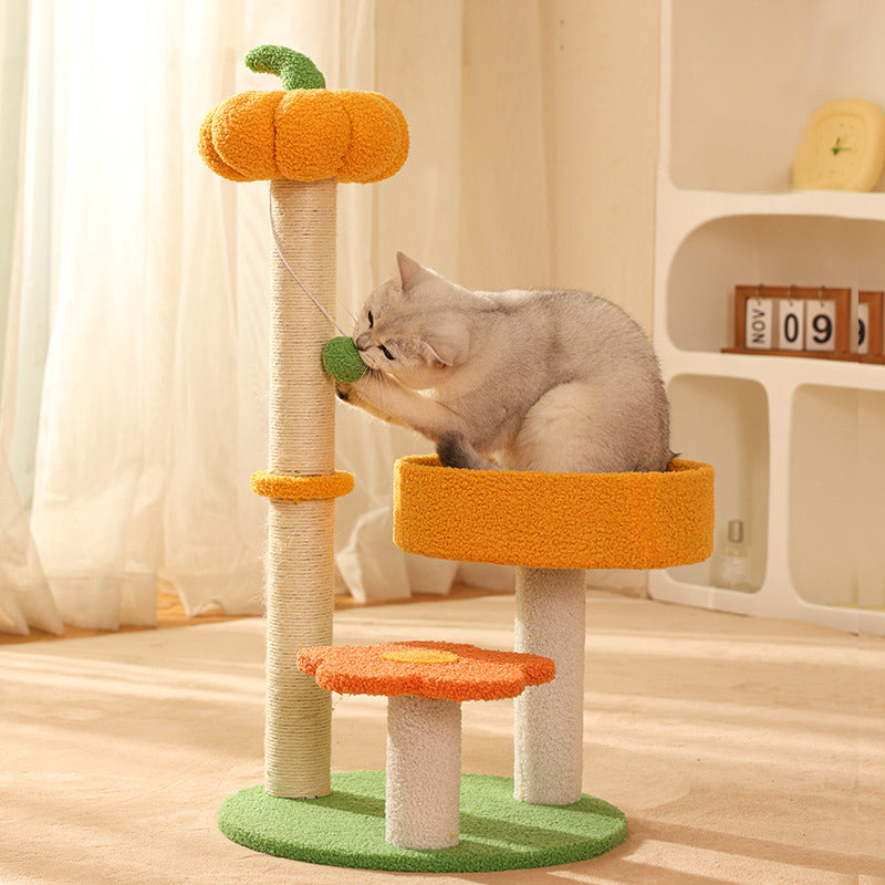 Contemporary Creative Cylindrical Pumpkin Bee Flower Design Teddy Plush PVC Sisal Rope Cat Tree For Bedroom Cuvalon