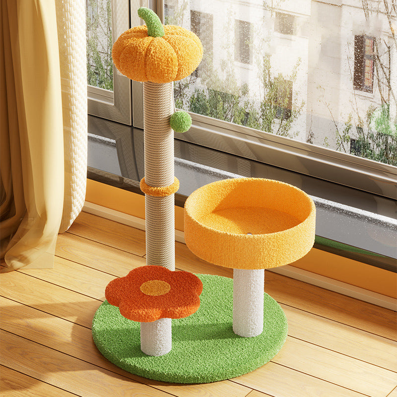 Contemporary Creative Cylindrical Pumpkin Bee Flower Design Teddy Plush PVC Sisal Rope Cat Tree For Bedroom Cuvalon