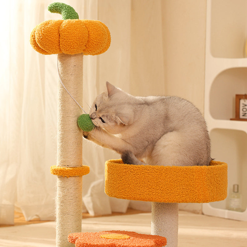 Contemporary Creative Cylindrical Pumpkin Bee Flower Design Teddy Plush PVC Sisal Rope Cat Tree For Bedroom Cuvalon