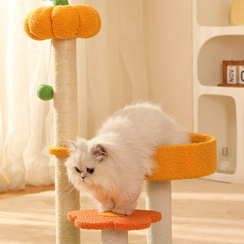 Contemporary Creative Cylindrical Pumpkin Bee Flower Design Teddy Plush PVC Sisal Rope Cat Tree For Bedroom Cuvalon