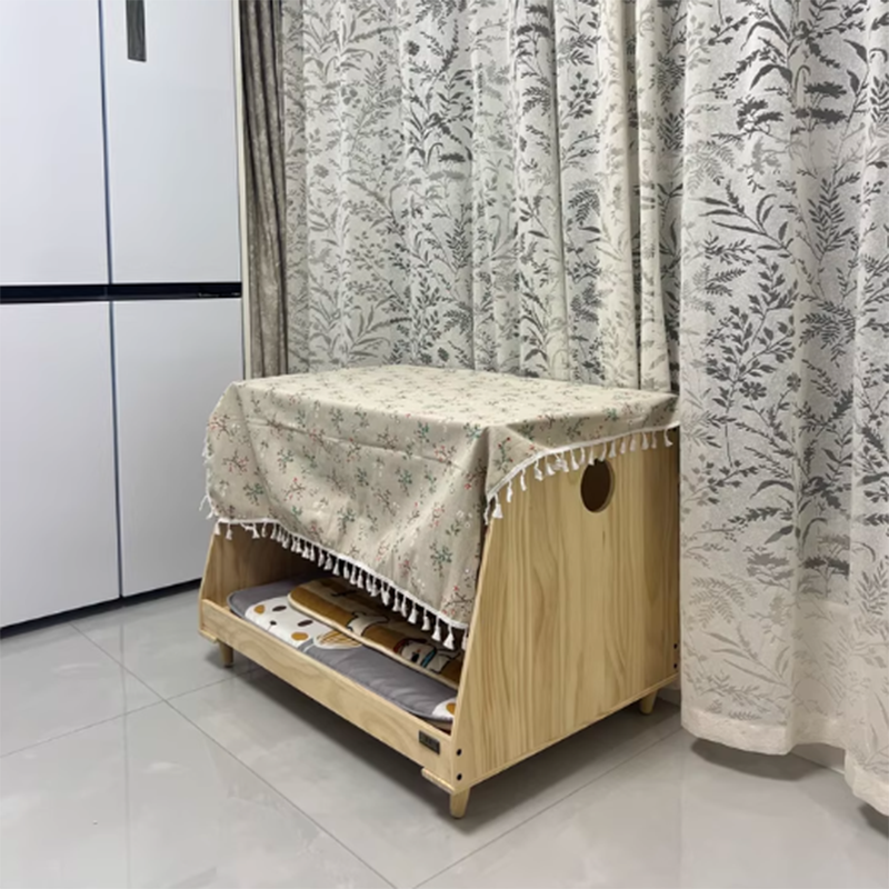 Modern Minimalist Rectangular Cotton-Linen Fabric Solid Pine Wood Pet Dog Bed Cat Bed For Bedroom Cuvalon