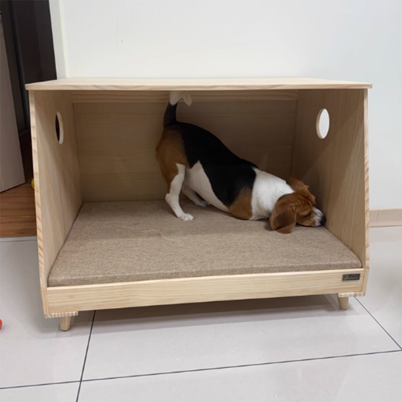 Modern Minimalist Rectangular Cotton-Linen Fabric Solid Pine Wood Pet Dog Bed Cat Bed For Bedroom Cuvalon