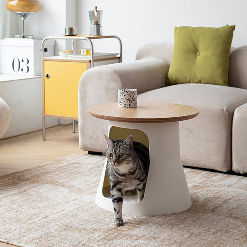 Contemporary Creative Cylindrical Solid White Oak PP Cat Bed Coffee Table 2-Tier For Living Room Cuvalon