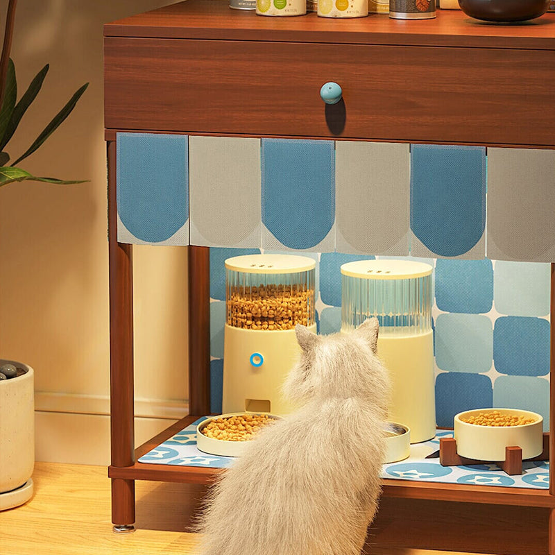 Contemporary Creative Rectangular Cat Pattern Solid Wood Particle Board Fabric Ceramic PU Leather Height-Adjustable Pet Storage Cabinet With 1 Drawer For Living Room Cuvalon