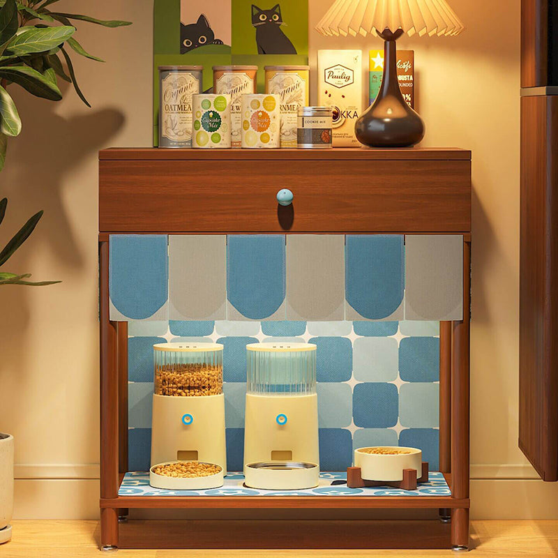 Contemporary Creative Rectangular Cat Pattern Solid Wood Particle Board Fabric Ceramic PU Leather Height-Adjustable Pet Storage Cabinet With 1 Drawer For Living Room Cuvalon
