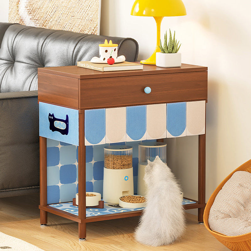 Contemporary Creative Rectangular Cat Pattern Solid Wood Particle Board Fabric Ceramic PU Leather Height-Adjustable Pet Storage Cabinet With 1 Drawer For Living Room Cuvalon
