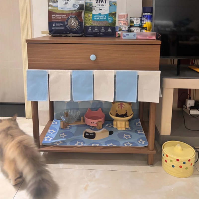 Contemporary Creative Rectangular Cat Pattern Solid Wood Particle Board Fabric Ceramic PU Leather Height-Adjustable Pet Storage Cabinet With 1 Drawer For Living Room Cuvalon