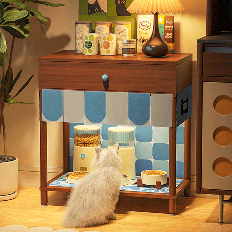 Contemporary Creative Rectangular Cat Pattern Solid Wood Particle Board Fabric Ceramic PU Leather Height-Adjustable Pet Storage Cabinet With 1 Drawer For Living Room Cuvalon