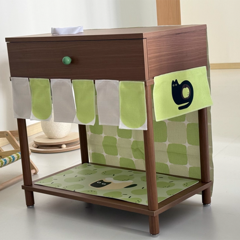 Contemporary Creative Rectangular Cat Pattern Solid Wood Particle Board Fabric Ceramic PU Leather Height-Adjustable Pet Storage Cabinet With 1 Drawer For Living Room Cuvalon
