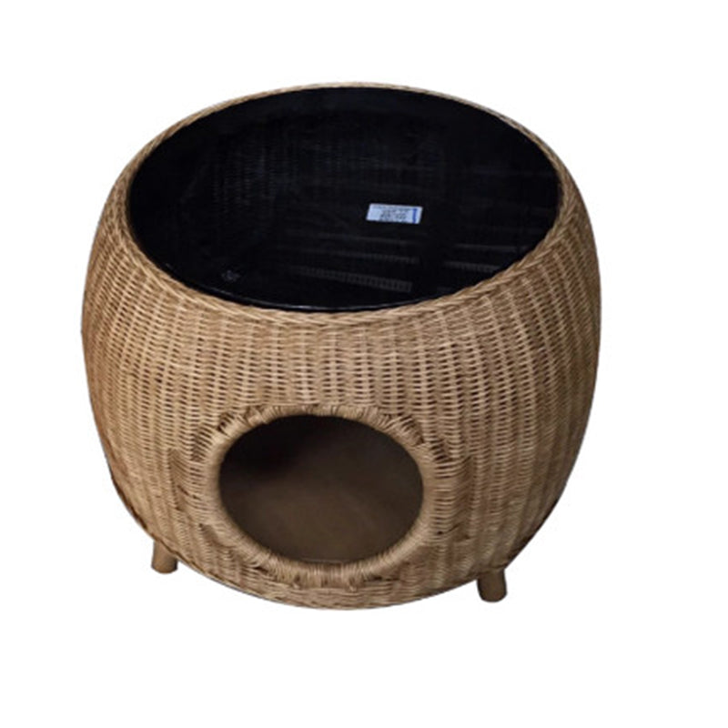 Contemporary Creative Cylindrical PE Rattan Glass Cat Bed Coffee Table 2-Tier For Living Room Cuvalon