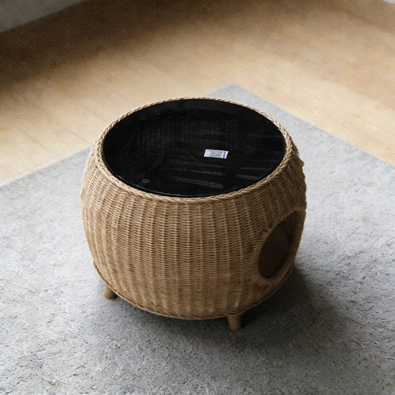 Contemporary Creative Cylindrical PE Rattan Glass Cat Bed Coffee Table 2-Tier For Living Room Cuvalon