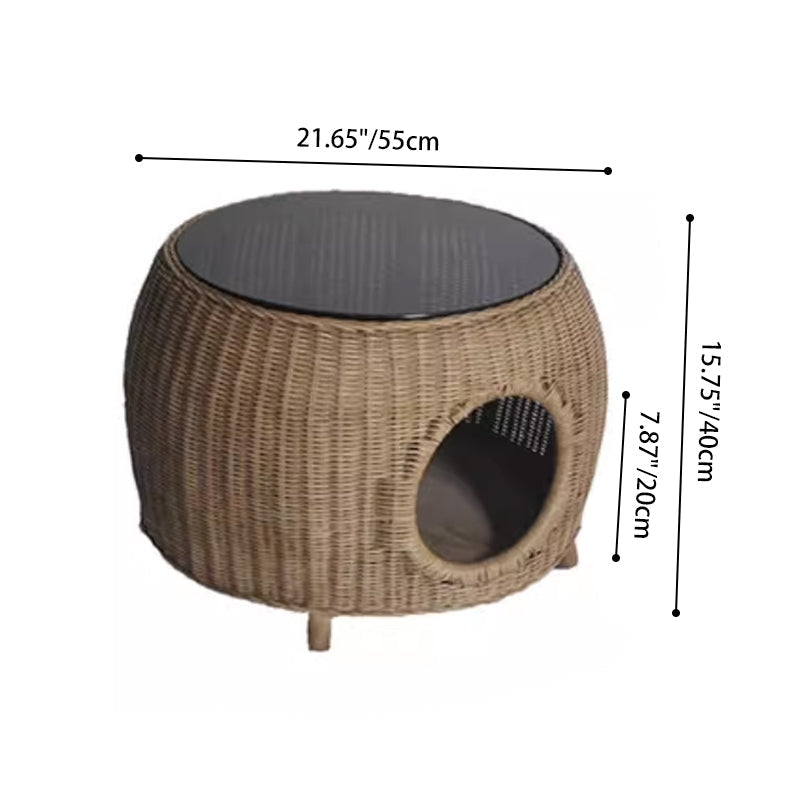 Contemporary Creative Cylindrical PE Rattan Glass Cat Bed Coffee Table 2-Tier For Living Room Cuvalon