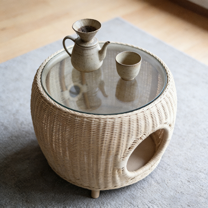 Contemporary Creative Cylindrical PE Rattan Glass Cat Bed Coffee Table 2-Tier For Living Room Cuvalon