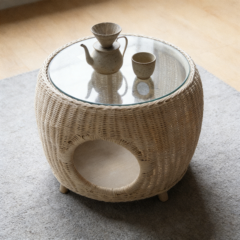 Contemporary Creative Cylindrical PE Rattan Glass Cat Bed Coffee Table 2-Tier For Living Room Cuvalon