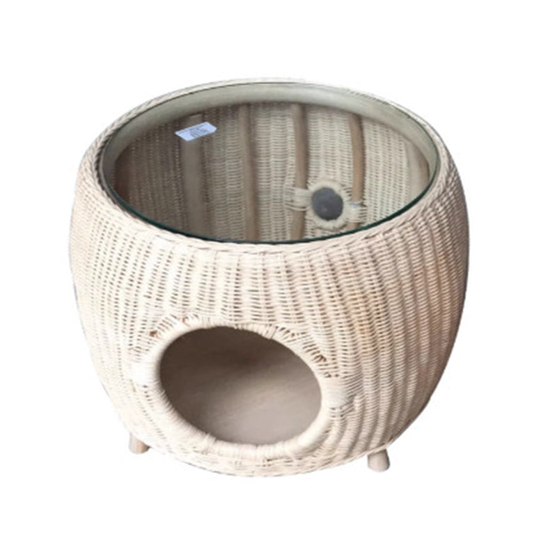 Contemporary Creative Cylindrical PE Rattan Glass Cat Bed Coffee Table 2-Tier For Living Room Cuvalon