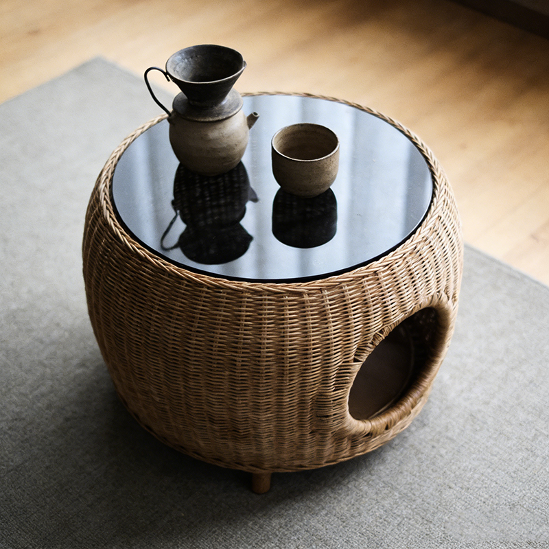 Contemporary Creative Cylindrical PE Rattan Glass Cat Bed Coffee Table 2-Tier For Living Room Cuvalon