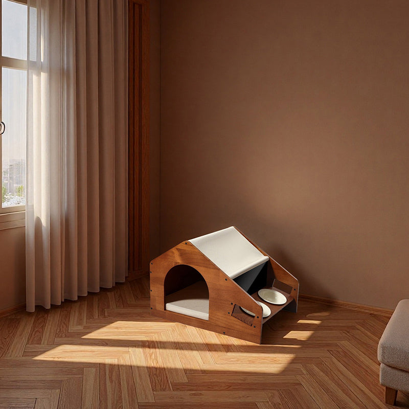 Traditional Chinese House-Shaped Oxford Cloth Solid Pine Wood Acrylic Ceramic Multi-Functional Dog Bed Cat Bed For Bedroom Cuvalon